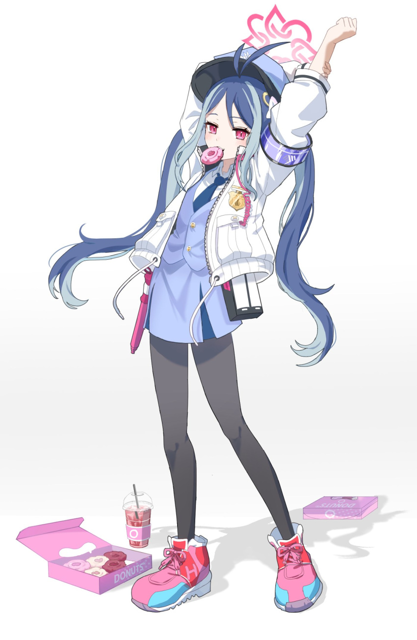 1girl antenna_hair armband arms_up baton_(weapon) black_pantyhose blue_archive blue_hair blue_necktie blue_skirt blue_vest blush cake_mogo coffee_cup collared_shirt commentary cup disposable_cup doughnut food food_in_mouth fubuki_(blue_archive) full_body grey_hair halo hat highres holding_own_arm jacket layered_skirt long_hair looking_at_viewer multicolored_hair necktie old-fashioned_doughnut open_clothes open_jacket pantyhose pastry_box peaked_cap pencil_skirt police police_badge police_uniform red_eyes shadow shirt shoes skirt sneakers solo standing streaked_hair stretching twintails uniform vest weapon white_background white_jacket white_shirt