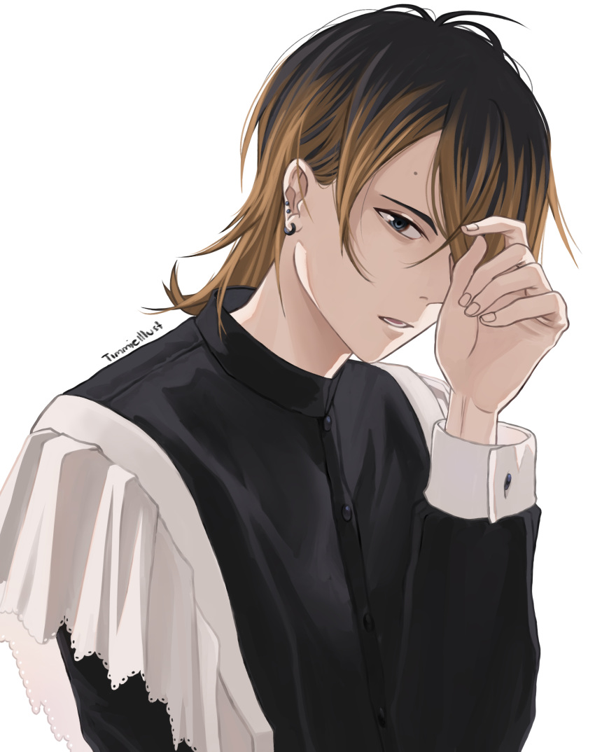 1boy absurdres artist_name black_eyes black_shirt brown_hair clip_studio_paint_(medium) earrings hair_over_one_eye highres jewelry long_sleeves looking_at_viewer male_focus original shirt simple_background solo timmieillust upper_body white_background