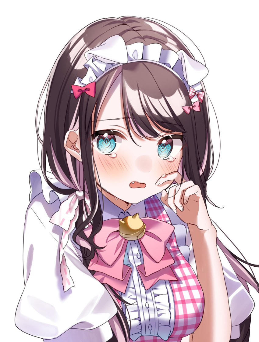 1girl aqua_eyes bell black_hair blush bow buttons collar collared_shirt crying fang fingernails frills hair_between_eyes hand_on_own_face highres kaga_nazuna long_hair looking_at_viewer maid_headdress mole mole_under_eye multicolored_hair neck_bell open_mouth pink_bow pink_hair plaid pome_charo puffy_sleeves shirt short_sleeves simple_background solo tearing_up tears two-tone_hair upper_body virtual_youtuber vspo! white_background white_shirt