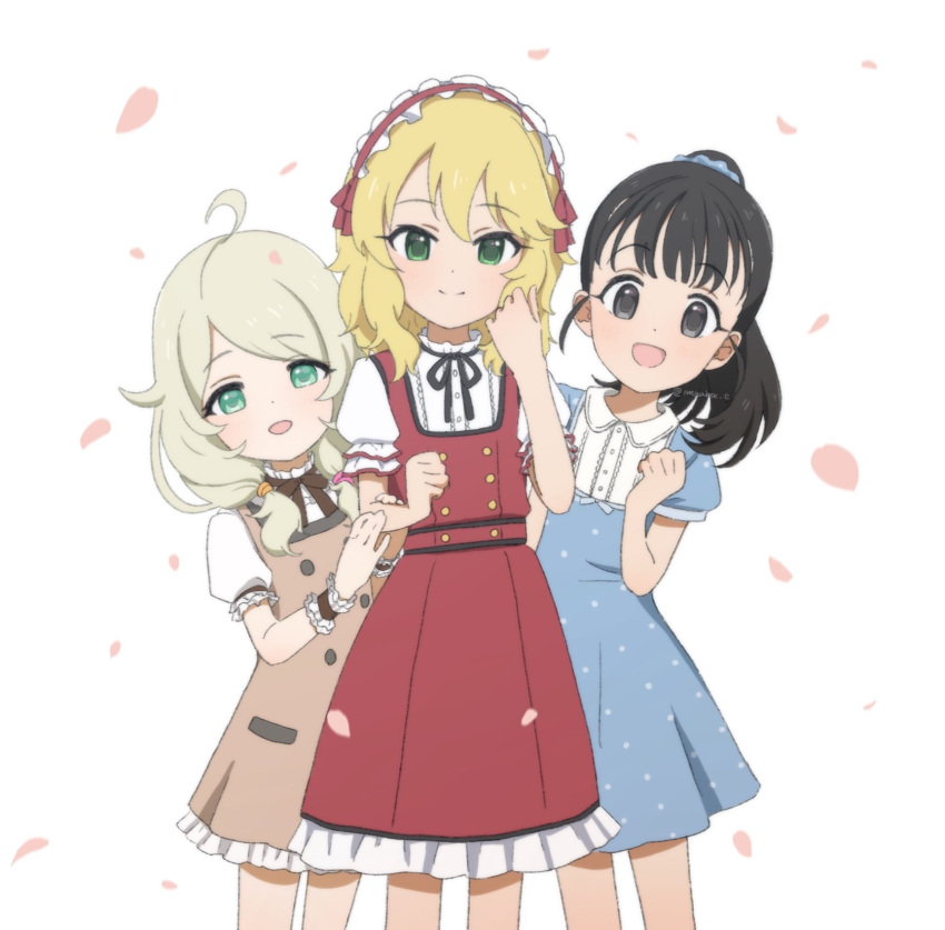 3girls ahoge black_eyes black_hair black_ribbon blonde_hair blue_dress blue_scrunchie bow bowtie brown_bow brown_bowtie brown_dress buttons clenched_hand commentary dot_nose dress female_child flat_chest frilled_hairband frills fukuyama_mai green_eyes hair_between_eyes hair_flaps hair_ornament hair_scrunchie hairband hands_up highres idolmaster idolmaster_cinderella_girls long_hair looking_at_viewer low_twintails medium_hair megabee_e multiple_girls open_mouth petals polka_dot polka_dot_dress ponytail puffy_short_sleeves puffy_sleeves red_dress ribbon sakurai_momoka scrunchie short_sleeves sidelocks smile twintails wavy_hair white_background wrist_cuffs yusa_kozue