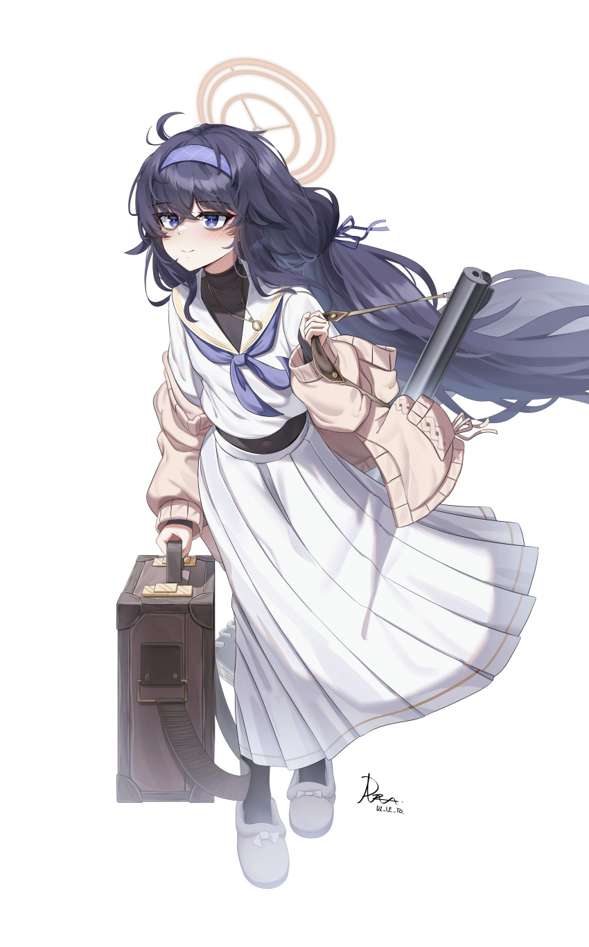 1girl absurdres bags_under_eyes black_hair black_undershirt blue_archive blue_eyes blue_hairband blue_neckerchief brown_cardigan cardigan di_le_to full_body hair_between_eyes hairband halo highres long_hair long_skirt long_sleeves low_twintails neckerchief pleated_skirt sailor_collar school_uniform serafuku skirt slippers solo standing twintails ui_(blue_archive) very_long_hair white_background white_sailor_collar white_serafuku white_skirt