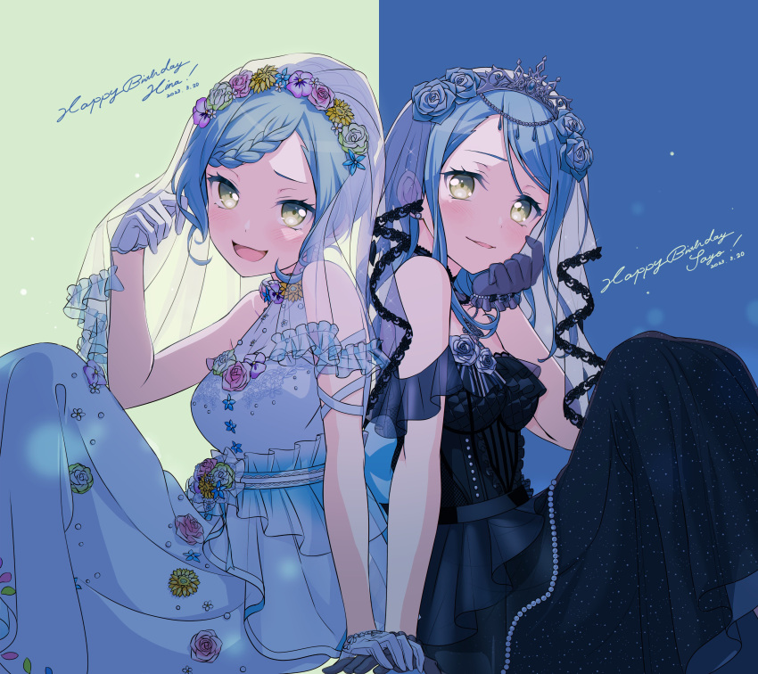 2girls :d absurdres aqua_hair arm_at_side arm_ribbon back-to-back bang_dream! bare_shoulders black_collar black_dress black_gloves blue_background blue_flower blue_rose blush braid braided_bangs breasts bridal_veil character_name collar commentary dated dress earrings feet_out_of_frame floral_print flower flower_earrings frilled_dress frills from_side gem gloves green_background green_eyes hair_flower hair_ornament hand_on_own_chin hand_up happy_birthday highres hikawa_hina hikawa_sayo holding holding_hair jewelry light_particles long_dress long_hair looking_at_viewer looking_to_the_side medium_breasts multiple_girls necklace nobusawa_osamu official_alternate_costume official_alternate_hairstyle official_art open_mouth parted_lips pearl_(gemstone) pendant pink_flower pink_rose print_dress ribbon rose see-through short_hair siblings sidelocks single_braid sisters sitting sleeveless sleeveless_dress smile strapless strapless_dress stud_earrings swept_bangs tiara twins two-tone_background veil wedding_dress white_dress white_flower white_gloves white_ribbon white_rose yellow_flower