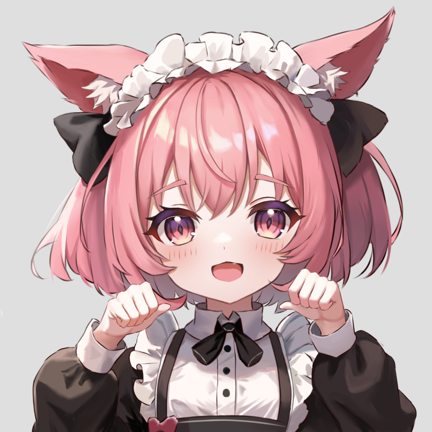 1girl :d animal_ear_fluff black_bow black_dress blush bow collared_dress commentary_request dress fanteam grey_background hair_between_eyes hands_up highres long_sleeves looking_at_viewer maid original pink_hair puffy_long_sleeves puffy_sleeves red_eyes simple_background smile solo upper_body
