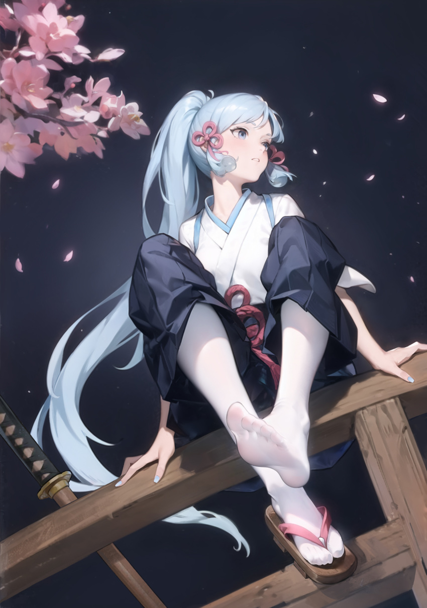 1girl absurdres alternate_costume blue_eyes blue_hair cherry_blossoms commentary_request flower genshin_impact hair_ornament highres japanese_clothes kamisato_ayaka katana kimono le_(huanglongen) long_hair looking_away no_shoes pantyhose petals pink_flower ponytail sandals sitting soles solo sword very_long_hair weapon white_pantyhose
