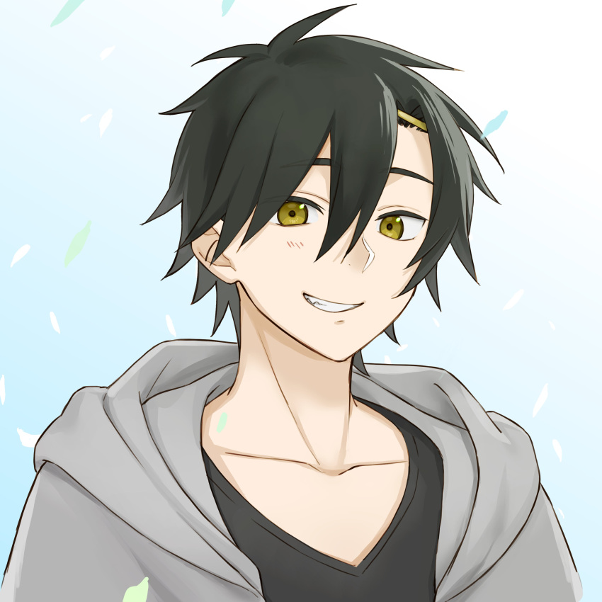 1boy absurdres b_(bgoldmole) black_hair black_shirt casual collarbone gradient_background grey_hoodie grin hair_between_eyes hair_ornament hairclip highres hood hood_down hoodie kagerou_project light_blue_background long_bangs looking_at_viewer male_focus mekakucity_actors open_clothes parted_lips seto_kousuke shirt short_hair smile solo t-shirt teeth upper_body white_background yellow_eyes