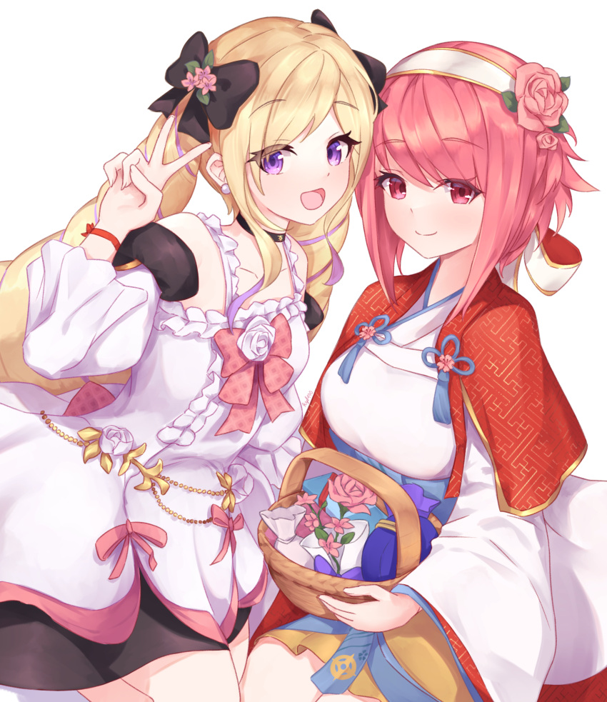 2girls :d basket black_bow blonde_hair bow capelet closed_mouth detached_sleeves dress elise_(fire_emblem) elise_(valentine)_(fire_emblem) fire_emblem fire_emblem_fates fire_emblem_heroes flower hair_bow hair_flower hair_ornament hairband highres holding holding_basket japanese_clothes kimono kyl490 long_hair looking_at_viewer multicolored_hair multiple_girls official_alternate_costume open_mouth pink_eyes pink_flower pink_hair purple_hair red_capelet sakura_(fire_emblem) sakura_(valentine)_(fire_emblem) short_hair smile twintails two-tone_hair v violet_eyes white_background white_dress white_hairband white_kimono