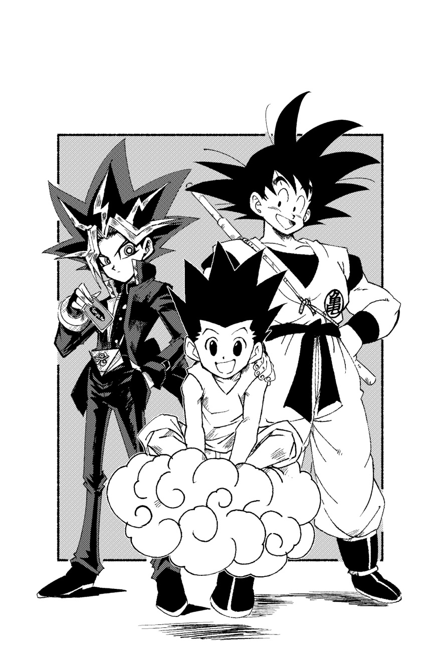 3boys :d absurdres artist_name card crossover dougi dragon_ball dragon_ball_z dyed_bangs fenyon gon_freecss greyscale hand_on_another's_shoulder highres holding holding_card hunter_x_hunter male_child male_focus millennium_puzzle monochrome multiple_boys multiple_crossover muscular muscular_child shounen_jump smile son_goku spiky_hair standing yami_yuugi yu-gi-oh! yu-gi-oh!_duel_monsters