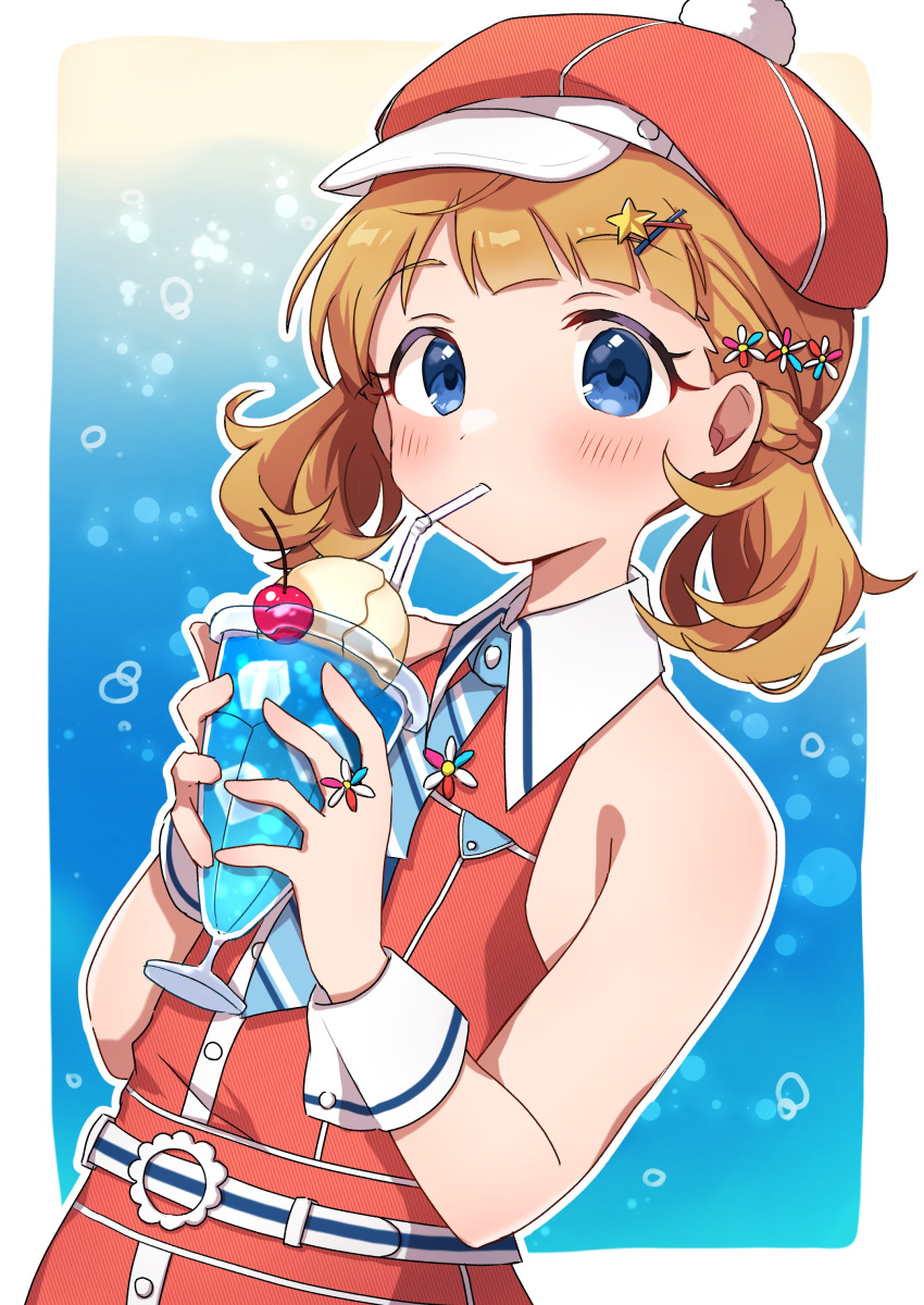1girl absurdres belt blue_background blue_eyes blue_necktie blush brown_hair bubble_background buttons cherry commentary dress drink drinking drinking_straw food fruit hair_ornament hairclip hat highres holding holding_drink ice_cream ice_cream_float idolmaster idolmaster_million_live! kahiika looking_at_viewer low_twintails necktie official_alternate_hairstyle red_dress red_headwear short_hair sleeveless sleeveless_dress solo star_(symbol) star_hair_ornament suou_momoko twintails upper_body wing_collar wrist_cuffs