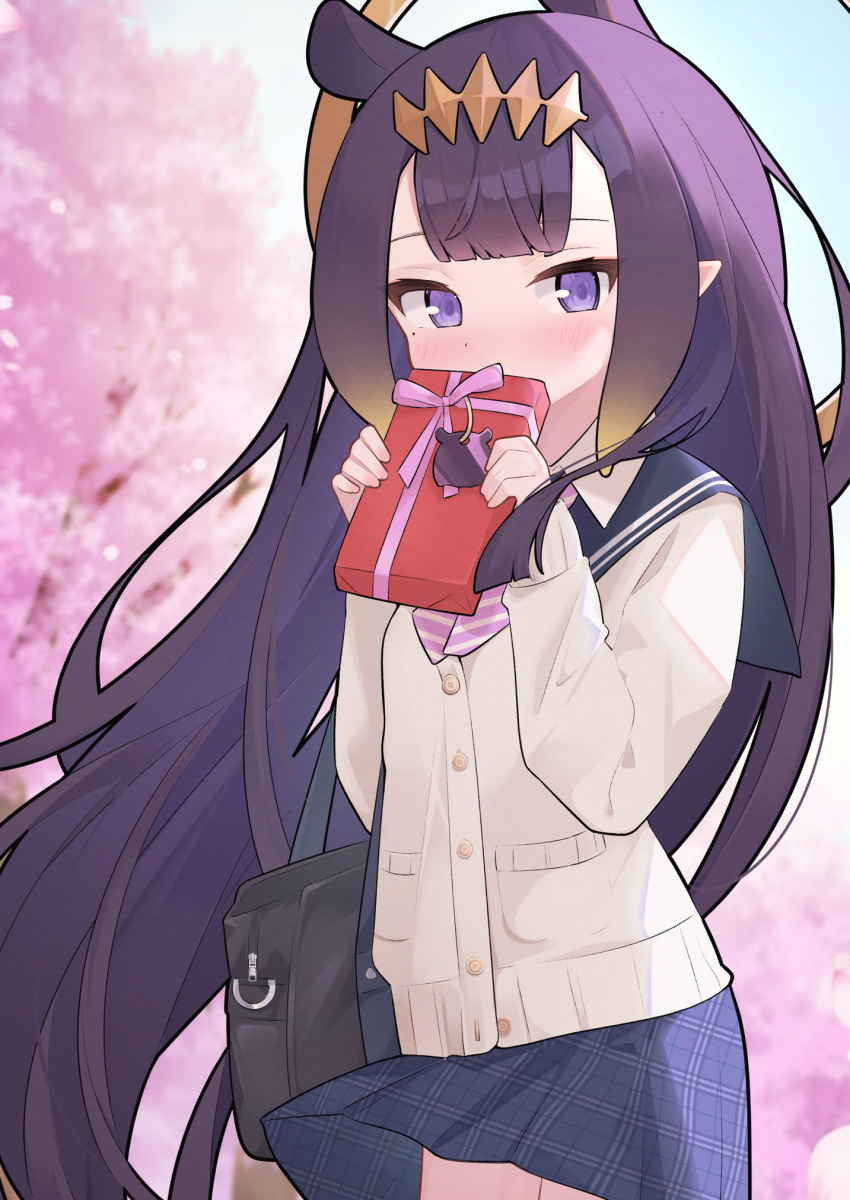 1girl bag blue_skirt blurry blurry_background blush cherry_blossoms commentary covering_mouth cowboy_shot cp2980606 day gift headpiece highres holding holding_gift hololive hololive_english long_hair long_sleeves looking_at_viewer mole mole_under_eye ninomae_ina'nis outdoors pointy_ears purple_hair school_bag school_uniform serafuku shoulder_bag skirt solo tentacle_hair very_long_hair violet_eyes virtual_youtuber