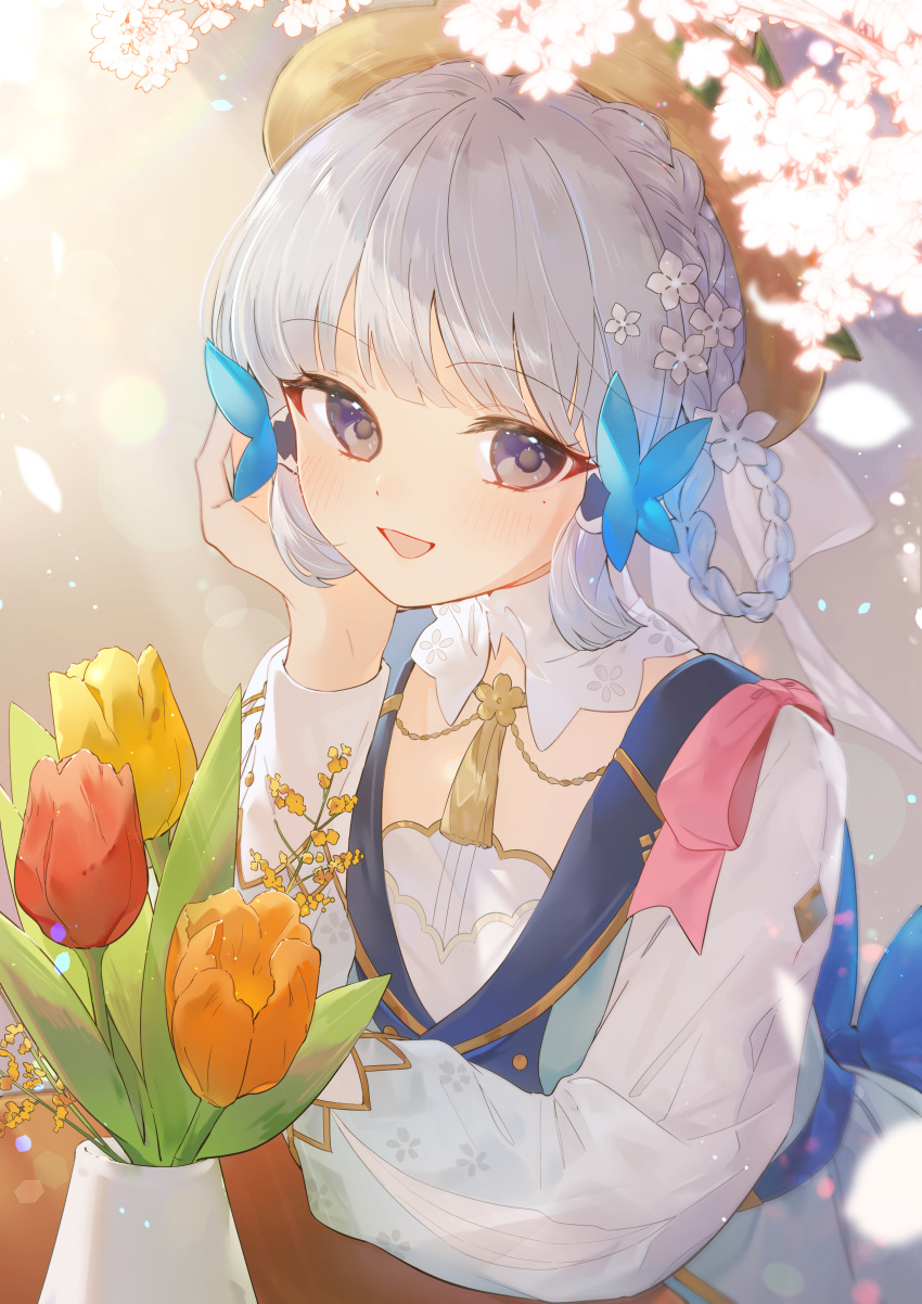 1girl absurdres back_bow blue_bow blue_dress blue_eyes blue_hair blunt_bangs blunt_tresses blush bow braid butterfly_hair_ornament cherry_blossoms collar commentary dress flower flower_pot genshin_impact hair_flower hair_ornament hand_on_own_cheek hand_on_own_face high_collar highres kamisato_ayaka light_blue_hair long_sleeves official_alternate_costume official_alternate_hairstyle open_mouth rubianeko smile solo table tulip upper_body white_collar