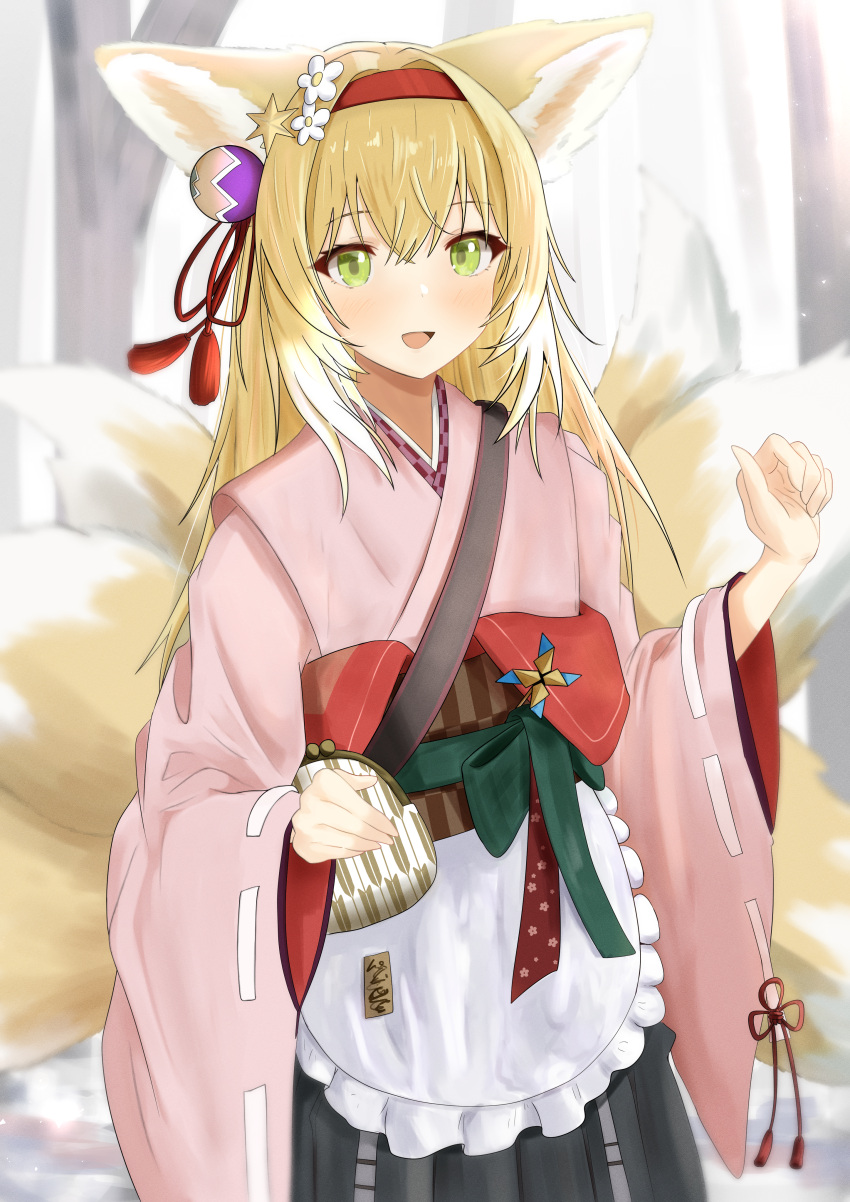1girl :d absurdres animal_ear_fluff animal_ears apron arknights black_hakama blonde_hair blurry blurry_background blush commentary_request day depth_of_field flower fox_ears fox_girl fox_tail frilled_apron frills green_eyes hair_between_eyes hair_flower hair_ornament hairband hakama hakama_skirt hands_up highres japanese_clothes kimono kitsune long_hair long_sleeves looking_at_viewer multicolored_hair obi outdoors pink_kimono red_hairband ribbon-trimmed_sleeves ribbon_trim sash shirt skirt smile solo sora_mame_(princess_0sora) suzuran_(arknights) suzuran_(yukibare)_(arknights) tail tree two-tone_hair waist_apron white_apron white_flower white_shirt wide_sleeves yagasuri