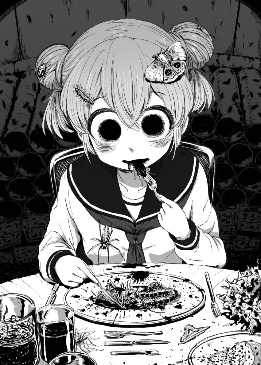 1girl 4shi ant bad_food bags_under_eyes biting black_eyes blood blush bug butterfly centipede chair cockroach collarbone dango-chan_(4shi) dark darkness dirty double_bun drooling eating empty_eyes food food_bite fork glass grasshopper greyscale hair_between_eyes hair_bun hair_ornament hatching_(texture) highres holding holding_fork holding_spoon hollow_eyes hollow_mouth horror_(theme) knife liquid long_sleeves looking_down monochrome moth neckerchief open_mouth original plate sailor_collar school_uniform serafuku shirt short_hair sitting solid_circle_pupils solo spider spoon table upper_body worm