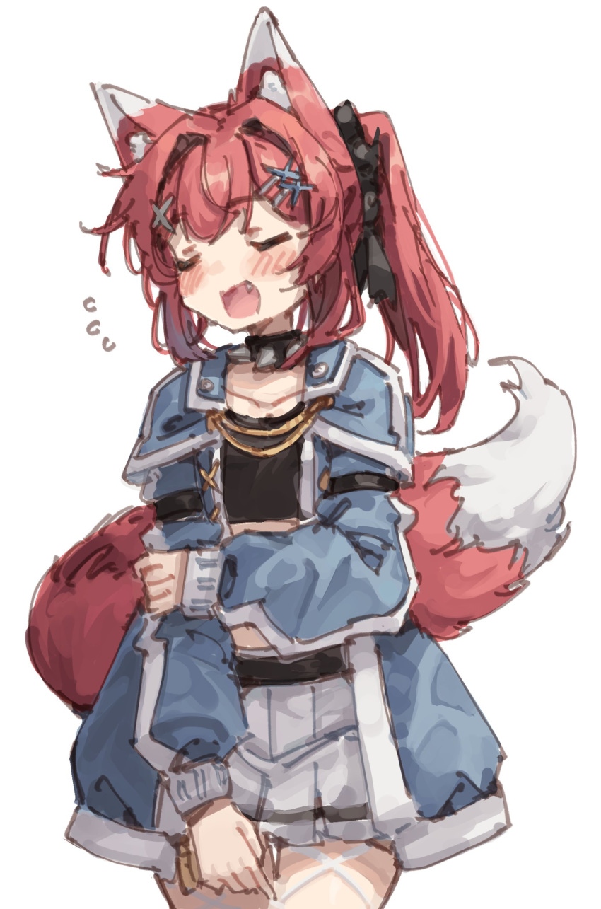 1girl absurdres animal_ear_fluff animal_ears belt belt_skirt blue_jacket blush closed_eyes collar collarbone cowboy_shot crop_top fang fox_ears fox_girl fox_tail hair_intakes hair_ornament hair_ribbon hairclip highres holding_own_arm jacket kemonomimi_mode leather_belt long_sleeves medium_hair open_clothes open_jacket open_mouth original pleated_skirt raika_(rune_(pixiv_25170019)) ribbon rune_(dualhart) side_ponytail sidelocks simple_background sketch skirt solo spiked_collar spikes tail upper_body white_background white_skirt
