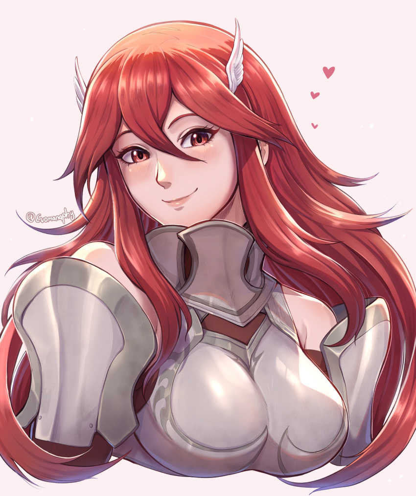 1girl absurdres armor blush breastplate closed_mouth commentary commission cordelia_(fire_emblem) cropped_torso english_commentary evomanaphy fire_emblem fire_emblem_awakening hair_between_eyes hair_ornament heart highres lips long_hair looking_at_viewer pink_lips red_eyes redhead simple_background smile solo twitter_username very_long_hair wing_hair_ornament