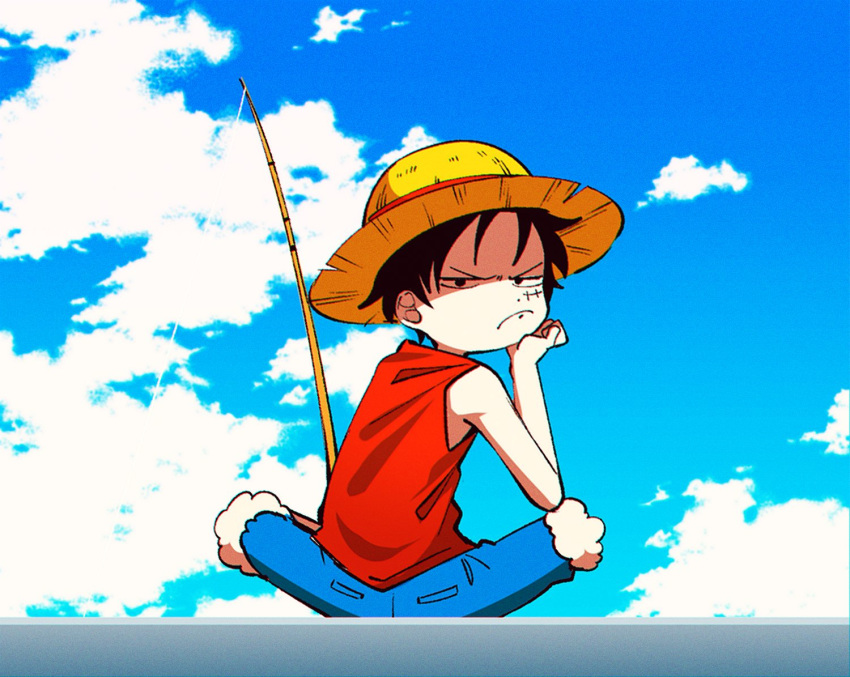 1boy black_eyes black_hair blue_sky clouds cloudy_sky daji1201 day fishing fishing_rod from_behind frown hand_on_own_face hat looking_at_viewer looking_back male_focus monkey_d._luffy one_piece outdoors scar scar_on_face sky solo straw_hat