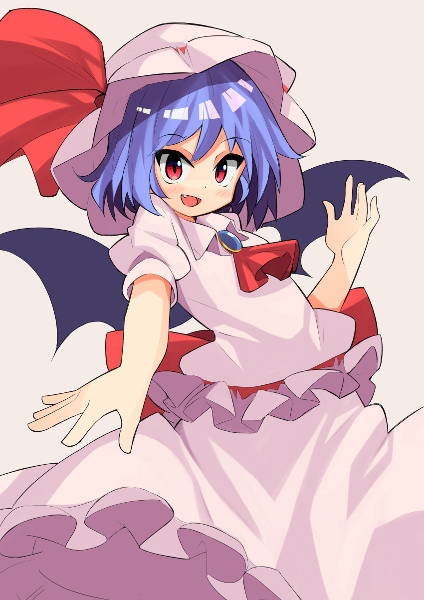 1girl :d absurdres ascot bat_wings blue_hair commentary fang hat hat_ribbon highres looking_at_viewer open_mouth rafa_(rafua_kz) red_ascot red_eyes red_ribbon remilia_scarlet ribbon shirt short_hair short_sleeves simple_background skirt smile solo touhou white_headwear white_shirt white_skirt wings