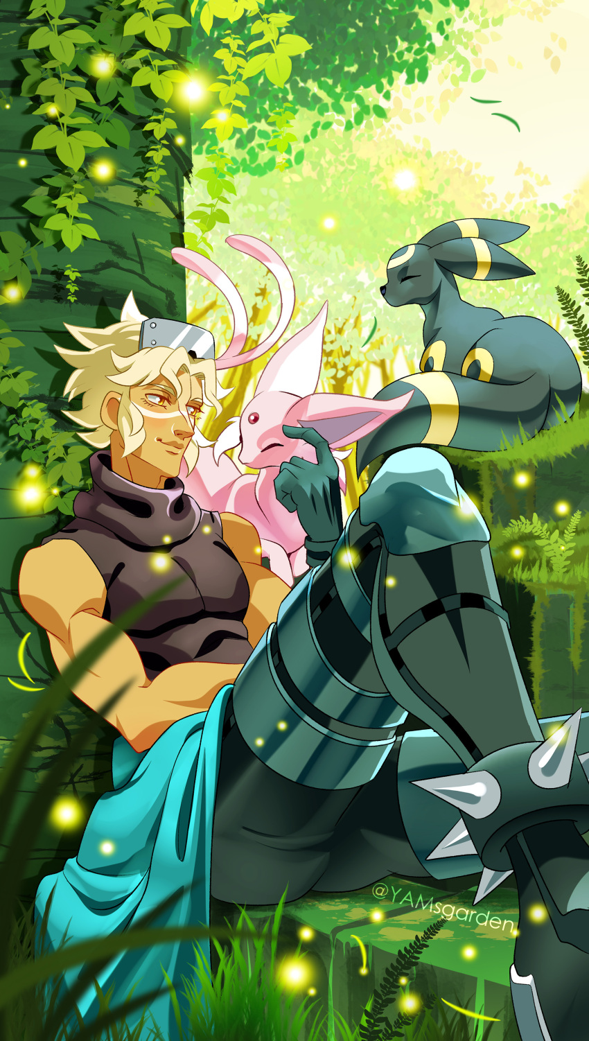 1boy absurdres against_tree blonde_hair closed_eyes day espeon forest gloves highres knee_up male_focus nature orange_eyes outdoors pokemon pokemon_(creature) pokemon_(game) pokemon_colosseum shirt sidelocks sleeveless sleeveless_shirt smile spiked_anklet tree umbreon wes_(pokemon) yamsgarden
