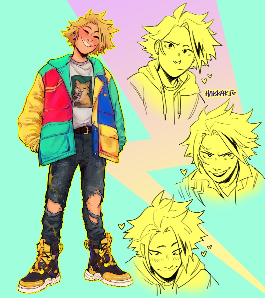 1boy alternate_costume aqua_background artist_name badge bisexual_flag blonde_hair blush boku_no_hero_academia button_badge closed_eyes closed_mouth commentary denim english_commentary full_body habkart heart highres hood hood_down jacket jeans kaminari_denki long_sleeves looking_at_viewer male_focus multicolored_clothes multicolored_jacket multiple_views open_clothes open_jacket open_mouth pants print_shirt shirt shoes short_hair simple_background smile sneakers standing torn_clothes torn_jeans torn_pants