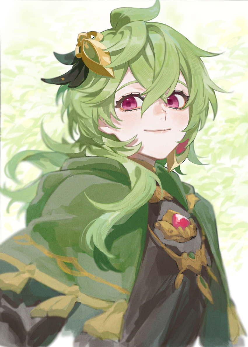 1girl absurdres ahoge capelet closed_mouth collei_(genshin_impact) earrings genshin_impact green_capelet green_hair hair_between_eyes hair_ornament highres itou_(very_ito) jewelry long_sleeves looking_at_viewer medium_hair simple_background smile violet_eyes
