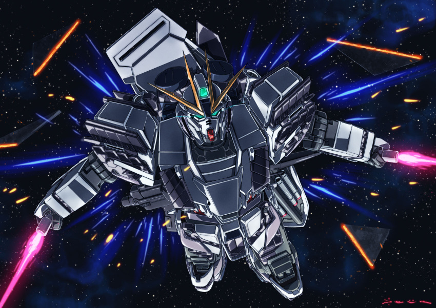 beam_saber daue dual_wielding flying green_eyes gundam gundam_narrative highres holding holding_sword holding_weapon looking_at_viewer mecha mobile_suit narrative_gundam narrative_gundam_c-packs no_humans robot science_fiction signature space star_(sky) sword v-fin weapon