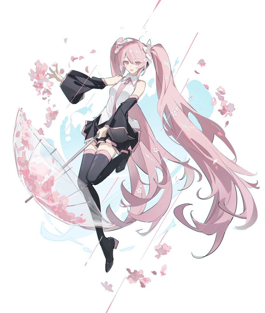 1girl :d aqua- black_footwear black_skirt black_sleeves boots collared_shirt detached_sleeves floating_hair flower full_body hair_between_eyes hair_flower hair_ornament hatsune_miku highres holding holding_umbrella jumping leg_up long_hair long_sleeves miniskirt necktie open_mouth pink_eyes pink_hair pink_necktie pleated_skirt sakura_miku shirt skirt sleeveless sleeveless_shirt smile solo thigh_boots transparent transparent_umbrella twintails umbrella very_long_hair vocaloid white_background white_flower white_shirt wide_sleeves wing_collar zettai_ryouiki