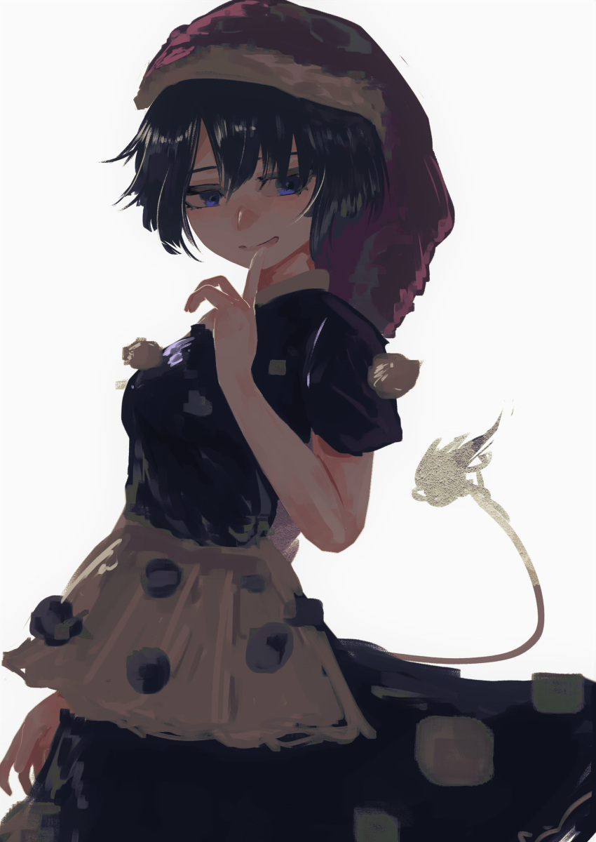1girl absurdres blue_eyes blue_hair blush breasts contrast dark_blue_hair doremy_sweet dress finger_to_mouth hand_up hat highres looking_to_the_side medium_breasts nightcap nose_blush pom_pom_(clothes) short_hair simple_background solo tail tapir_tail totopepe888 touhou white_background