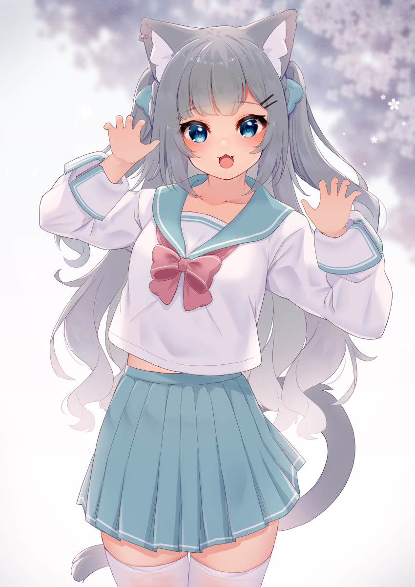 1girl absurdres animal_ear_fluff animal_ears blue_eyes blue_sailor_collar blue_skirt blurry blurry_background bow cat_ears cat_girl cat_tail claw_pose commentary_request depth_of_field fang grey_hair hair_ornament hairclip hands_up highres hinata_(user_rjkt4745) long_hair long_sleeves original pleated_skirt puffy_long_sleeves puffy_sleeves red_bow sailor_collar school_uniform serafuku shirt skirt solo tail thigh-highs two_side_up very_long_hair white_shirt white_thighhighs