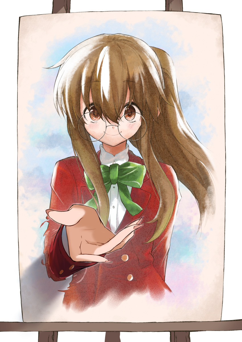 1girl absurdres arm_behind_back blazer bow bowtie brown_eyes brown_hair buttons canvas_(object) closed_mouth collared_shirt commentary_request cropped_torso easel ga_geijutsuka_art_design_class glasses green_bow green_bowtie hair_between_eyes highres jacket kootee-on light_blush long_hair long_sleeves looking_at_viewer outstretched_hand pink_nails ponytail raised_eyebrows reaching_towards_viewer red_jacket round_eyewear school_uniform shirt sidelocks simple_background smile solo through_painting white_background white_shirt yamabuki_high_school_uniform yamaguchi_kisaragi