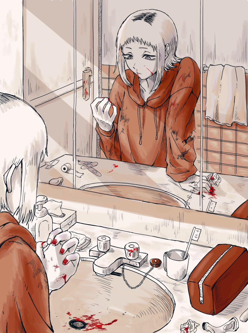 1girl bathroom blood blood_on_face blood_on_hands chainsaw_man dirty dirty_clothes highres hood hoodie mirror monochrome nosebleed red_hoodie sawatari_akane_(chainsaw_man) sawataridaisuki short_hair sink solo torn_clothes