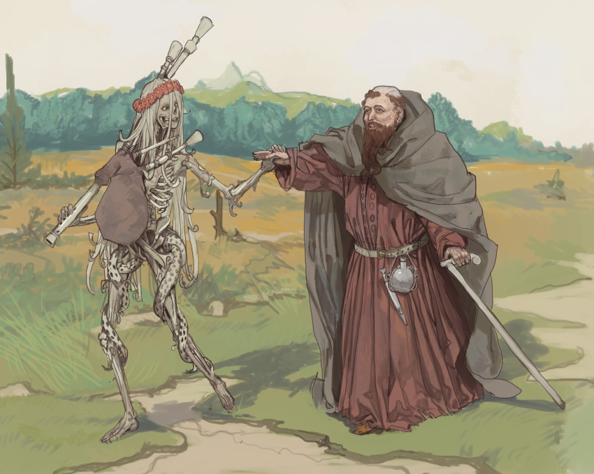 1boy 1other bald beard bone brown_robe cane cape day facial_hair grass head_wreath highres holding holding_cane holding_hands hood hooded_cape long_beard long_hair medieval monk mossacannibalis mountain original outdoors robe skeleton tree undead walking white_hair