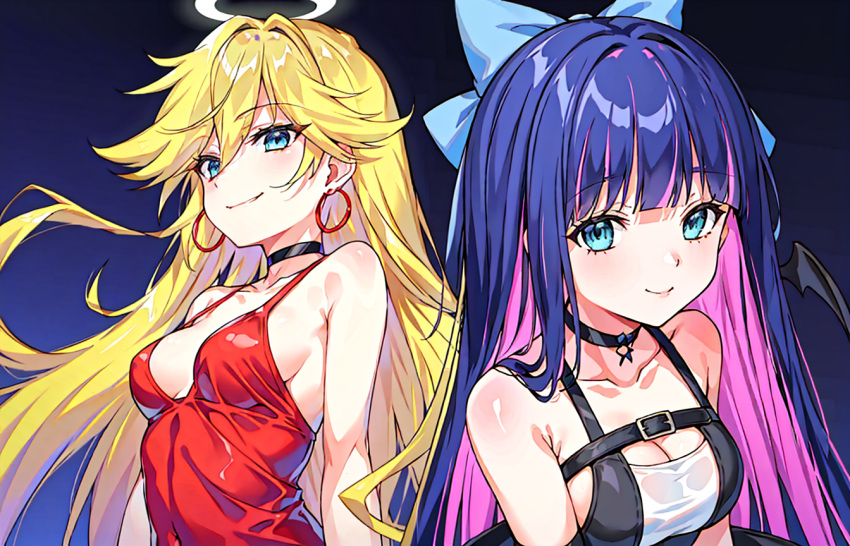 2girls ai-generated alternate_costume angel angel_wings bangs bare_shoulders black_dress black_neckwear black_wings blonde_hair blue_bow blue_eyes blunt_bangs bow breasts choker cleavage closed_mouth collar collarbone colored_inner_hair covered_navel demon_wings dress earrings eyebrows_visible_through_hair eyelashes eyes_visible_through_hair gradient_background hair_bow hair_intakes halo highres long_hair looking_to_the_side looking_up medium_breasts multicolored_hair panty_&amp;_stocking_with_garterbelt panty_(psg) pink_hair purple_hair red_dress sidelocks sleeveless sleeveless_dress smile stable_diffusion standing stocking_(psg) two-tone_hair upper_body very_long_hair