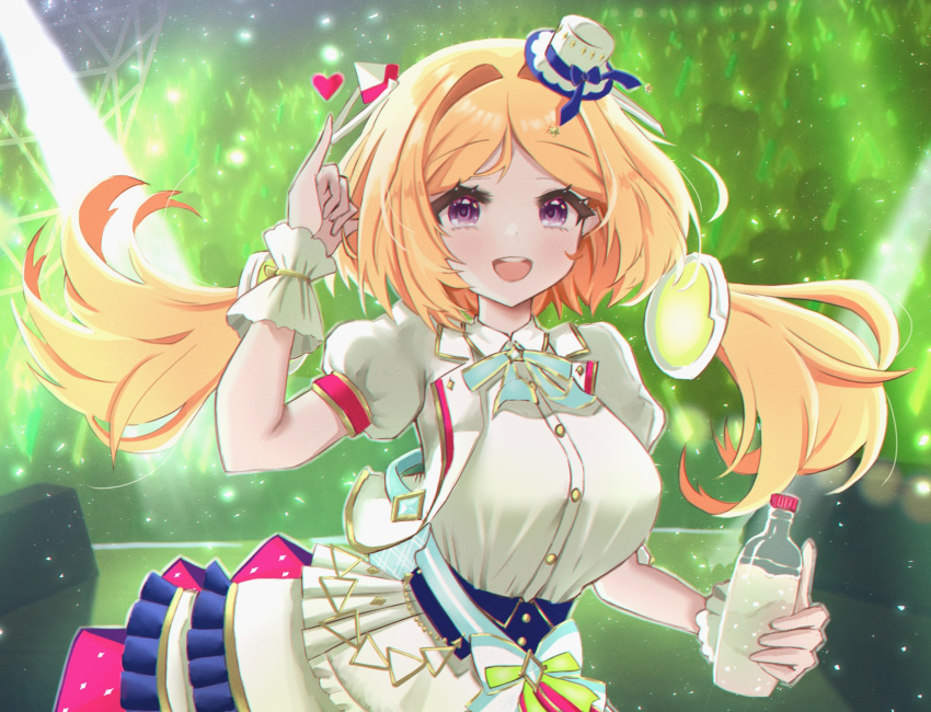 1girl aki_rosenthal blonde_hair blush bow bowtie breasts corset detached_hair highres hololive hololive_idol_uniform_(bright) jacket large_breasts layered_skirt long_hair looking_at_viewer nyu-tan94 open_mouth parted_bangs puffy_short_sleeves puffy_sleeves sash shirt short_hair short_sleeves skirt smile solo twintails underbust violet_eyes virtual_youtuber white_jacket white_shirt white_skirt wrist_cuffs