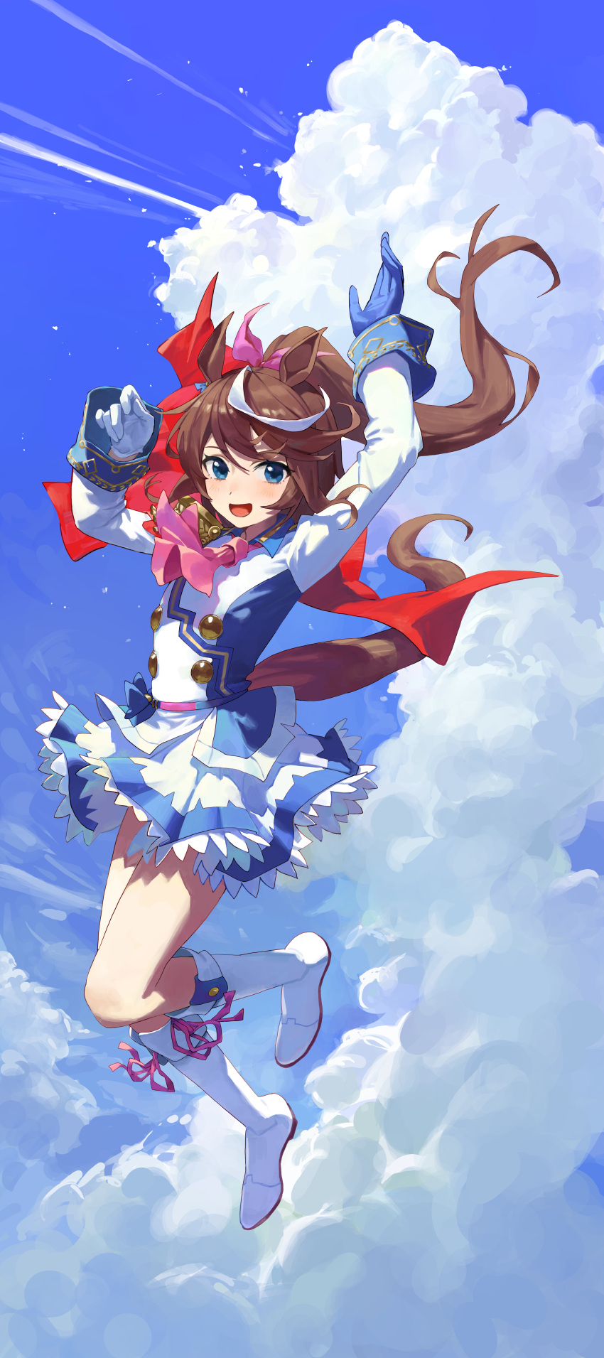 1girl absurdres animal_ears arms_up ascot asymmetrical_gloves belt blue_eyes blue_gloves blue_shirt blue_skirt blue_sky boots bow brown_hair buttons capelet chobbb clouds collared_shirt commentary contrail day epaulettes falling foot_up frilled_skirt frills full_body gloves gold_trim hair_bow highres horse_ears horse_girl horse_tail knee_boots long_hair long_sleeves looking_at_viewer midair mismatched_gloves multicolored_hair open_mouth outdoors pink_ascot pink_bow ponytail red_capelet shirt sideways_glance single_epaulette skirt sky sleeve_cuffs smile solo streaked_hair swept_bangs tail tokai_teio_(umamusume) two-tone_shirt two-tone_skirt umamusume white_footwear white_gloves white_hair white_shirt white_skirt