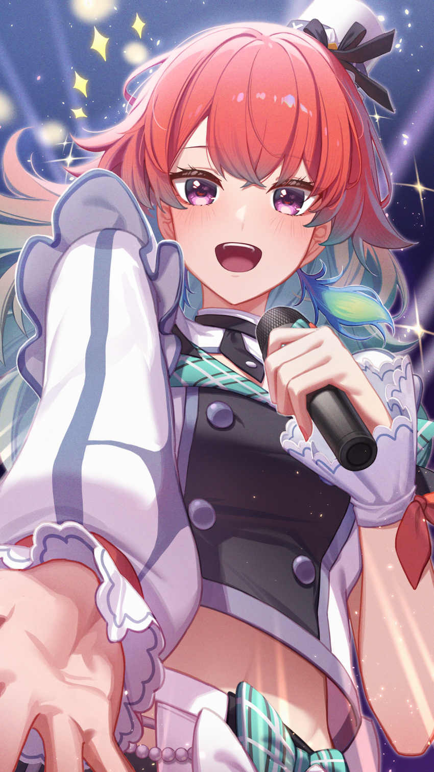 1girl absurdres aqua_hair asymmetrical_sleeves blush breasts buttons crop_top double-breasted earrings erezu feather_earrings feathers gradient_hair highres holding holding_microphone hololive hololive_english hololive_idol_uniform hololive_idol_uniform_(bright) jewelry long_hair looking_at_viewer medium_hair microphone multicolored_hair open_mouth orange_hair smile solo takanashi_kiara uneven_sleeves violet_eyes virtual_youtuber