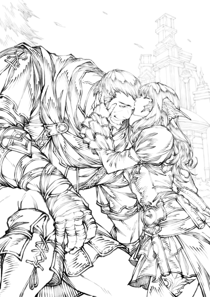 1boy 1girl absurdres armor au_ra avatar_(ff14) building commentary commission english_commentary final_fantasy final_fantasy_xiv g_studio greyscale hetero highres horns kiss kissing_forehead long_hair monochrome outdoors roegadyn scales skirt