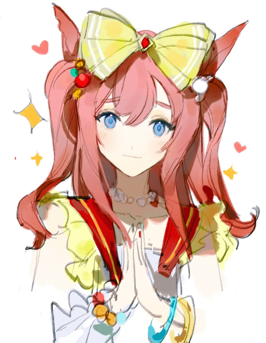 1girl agnes_digital_(umamusume) animal_ears bead_bracelet bead_necklace beads blue_eyes blush bow bracelet closed_mouth hair_bow heart highres hikawayunn horse_ears jewelry long_hair looking_at_viewer necklace own_hands_together palms_together pink_hair shirt sleeveless sleeveless_shirt smile solo sparkle two_side_up umamusume upper_body white_background