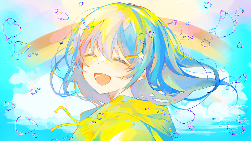 1girl absurdres blue_background blue_hair bubble closed_eyes commentary_request floating_hair highres irodori_warabi looking_at_viewer open_mouth original pastel_colors rainbow rainbow_hair_ornament raincoat short_hair simple_background smile solo tongue upper_body yellow_raincoat