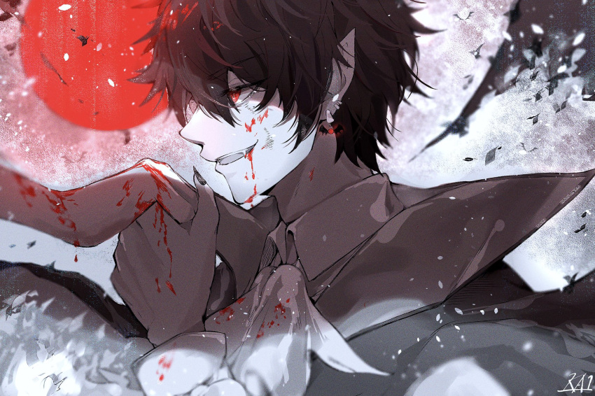 1boy bishounen black_hair blood blood_on_face collared_shirt full_body highres ka1_(user_hkdw4252) long_sleeves male_focus moon open_mouth original ponytail pov pov_hands profile red_eyes red_moon shirt short_hair smile upper_body