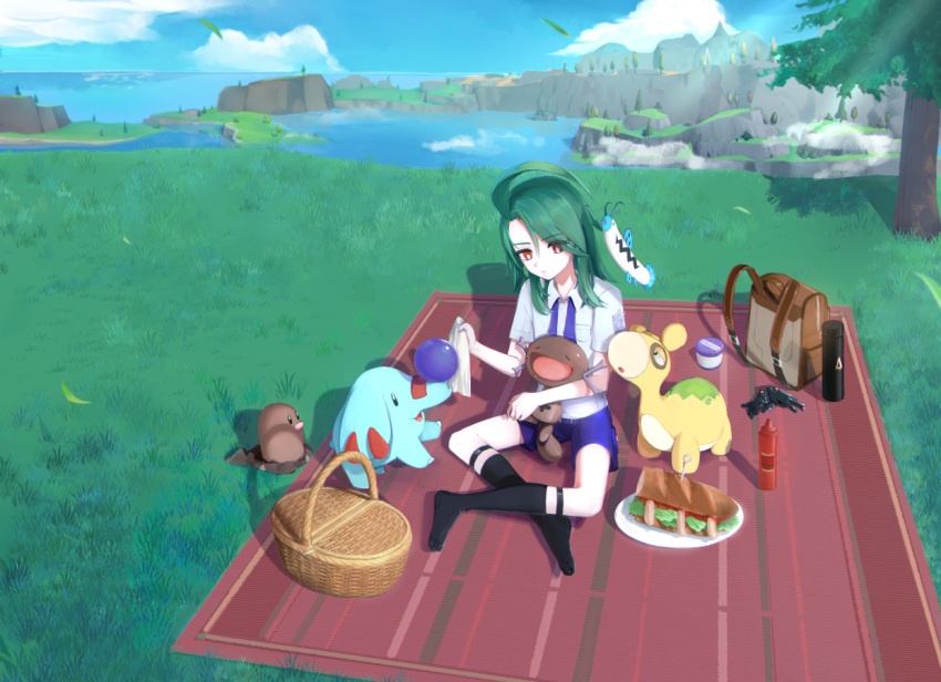 1girl aged_down ahoge backpack backpack_removed bag ball barboach black_socks bright_pupils closed_mouth clouds collared_shirt commentary_request day diglett food gloves gloves_removed grass green_hair holding ketchup_bottle long_hair looking_down necktie numel outdoors paldean_wooper phanpy picnic_basket plate pokemon pokemon_(creature) pokemon_(game) pokemon_sv purple_necktie purple_shorts red_eyes rika_(pokemon) sandwich school_uniform shirt shorts sky socks thermos tree umi_usagi_(srusumi23) undone_necktie white_pupils white_shirt