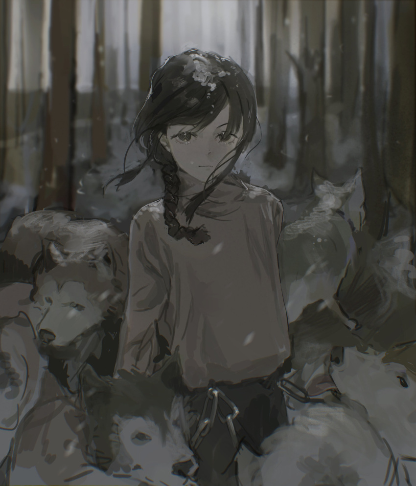 1girl absurdres bare_tree braid braided_ponytail chainsaw_man forest grey_sweater hair_over_shoulder highres husky leash_belt looking_at_viewer medium_hair nature nayuta_(chainsaw_man) nenem_(kimnenemmm_art) snow sweater sweater_tucked_in too_many_dogs tree
