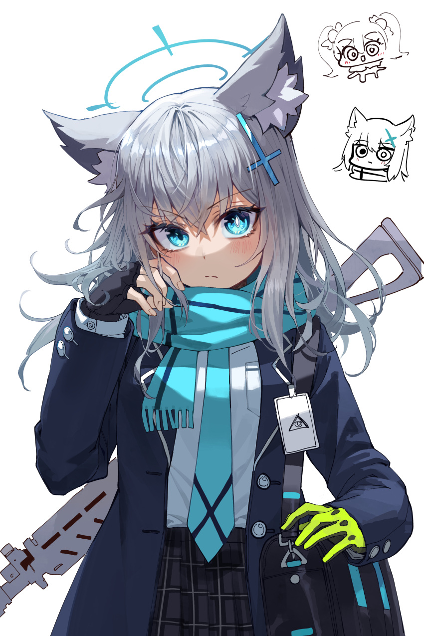 1girl absurdres animal_ears assault_rifle black_gloves blue_archive blue_eyes blue_jacket blue_necktie blue_scarf checkered_clothes checkered_skirt fingerless_gloves gloves green_gloves grey_hair grey_skirt gun hair_ornament hairpin halo heterochromia highres jacket kokukyukeo looking_at_viewer name_tag necktie rifle scarf school_uniform shiroko_(blue_archive) shirt simple_background skirt weapon white_background white_shirt wolf_ears