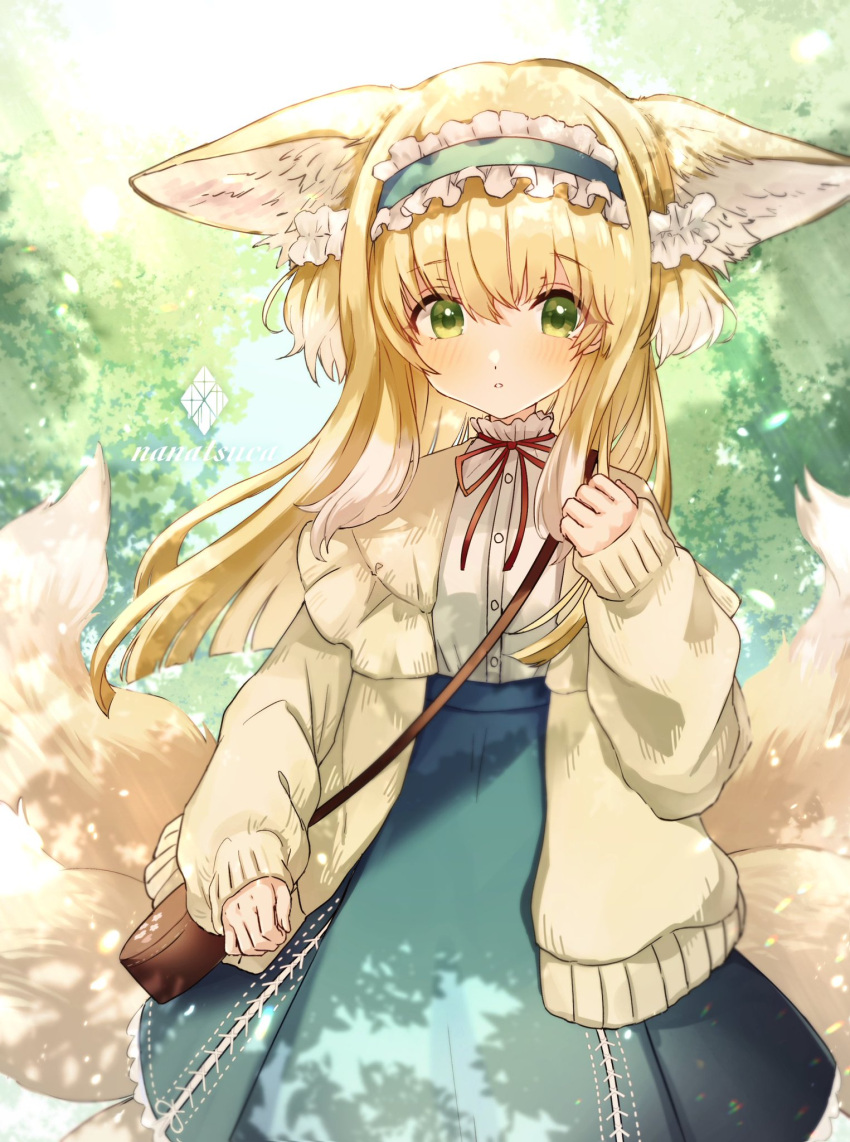 1girl animal_ears arknights bag blonde_hair blue_hairband blue_skirt brown_bag cardigan cowboy_shot fox_ears fox_girl fox_tail frilled_hairband frills green_eyes hair_ornament hair_scrunchie hairband hand_up highres kitsune kyuubi long_sleeves multiple_tails nanatsuka neck_ribbon official_alternate_costume open_cardigan open_clothes outdoors parted_lips puffy_long_sleeves puffy_sleeves red_ribbon ribbon scrunchie shirt shoulder_bag skirt sleeve_cuffs sleeves_past_wrists solo stitches suzuran_(arknights) suzuran_(spring_praise)_(arknights) tail white_shirt yellow_cardigan