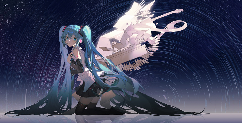 1girl absurdres bare_shoulders black_footwear black_skirt black_sleeves blue_eyes blue_hair boots detached_sleeves electric_guitar from_side guitar hair_between_eyes hand_up hatsune_miku headset highres instrument kiduki kneeling long_hair long_sleeves looking_at_viewer looking_to_the_side miku_day notepad pleated_skirt reflection shirt skirt sleeveless sleeveless_shirt solo star_trail thigh_boots twintails very_long_hair vocaloid white_shirt wide_sleeves