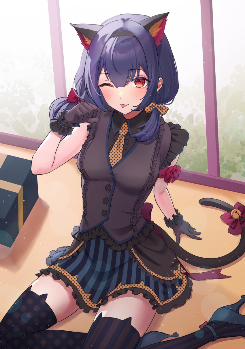 1girl ;q absurdres animal_ears animal_hands ankle_strap arm_ribbon asymmetrical_legwear bell black_hair black_vest blush bow box cat_ears cat_paws cat_tail dress frilled_dress frills gift gift_box gloves hairband hand_up high_heels highres hoshina_hoshimi idolmaster idolmaster_shiny_colors jingle_bell looking_at_viewer low_twintails mismatched_legwear morino_rinze necktie one_eye_closed plant polka_dot polka_dot_necktie polka_dot_ribbon red_eyes red_ribbon ribbon scratches short_hair solo striped tail thigh-highs tongue tongue_out twintails vertical_stripes vest window zettai_ryouiki