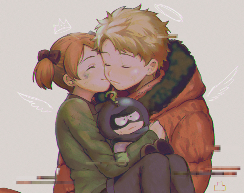 1boy 1girl animification blonde_hair brother_and_sister closed_eyes female_child holding holding_stuffed_toy hood hoodie karen_mccormick kenny_mccormick kiss kissing_cheek male_child mysterion orange_hoodie pantygnomes siblings south_park stuffed_toy