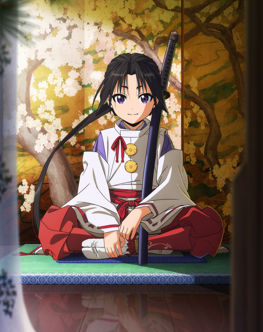 1boy artist_request black_hair happy highres hojo_tokiyuki_(nigejozu_no_wakagimi) japanese_clothes katana key_visual long_hair looking_at_viewer nigejozu_no_wakagimi official_art ponytail promotional_art sitting smile solo source_request sword very_long_hair violet_eyes weapon