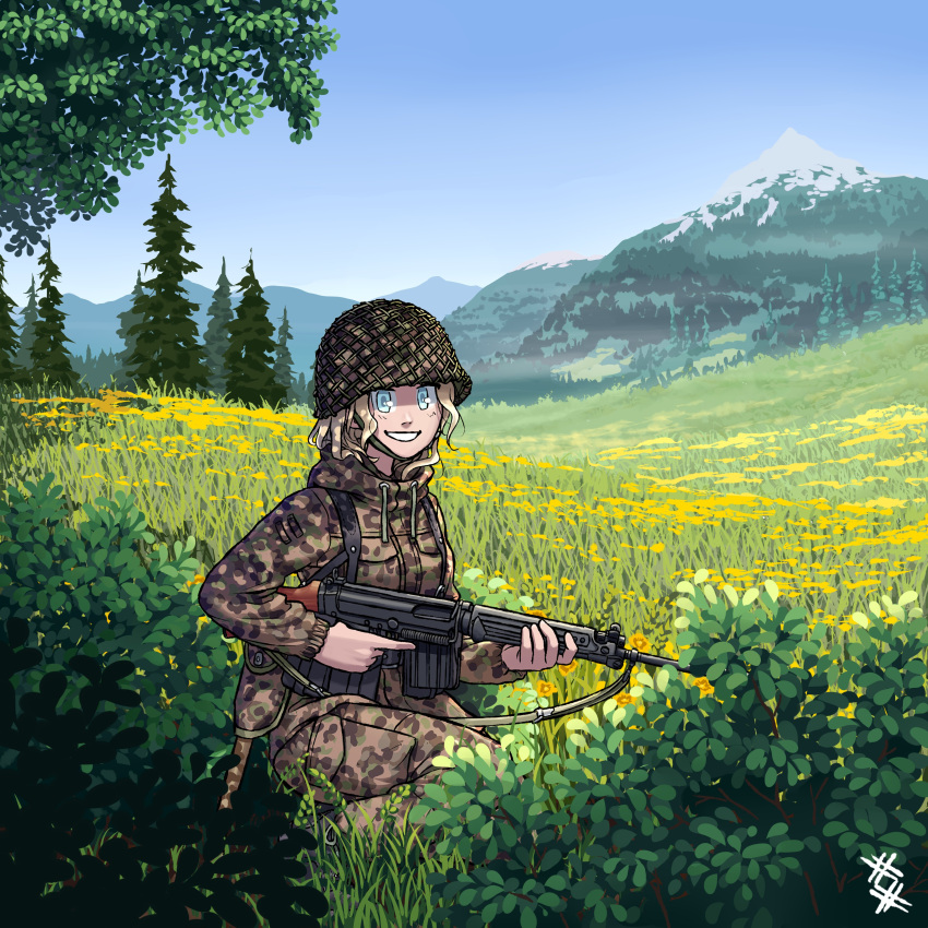 1girl absurdres ammunition_pouch austria battle_rifle blonde_hair blue_eyes camouflage camouflage_jacket camouflage_pants entrenching_tool fn_fal forest gun helmet highres holding holding_gun holding_weapon jacket load_bearing_equipment meadow military military_helmet military_uniform mountainous_horizon nature one_knee original ostwindprojekt outdoors pants pouch rifle scenery signature sky sling_(weapon) trigger_discipline uniform weapon