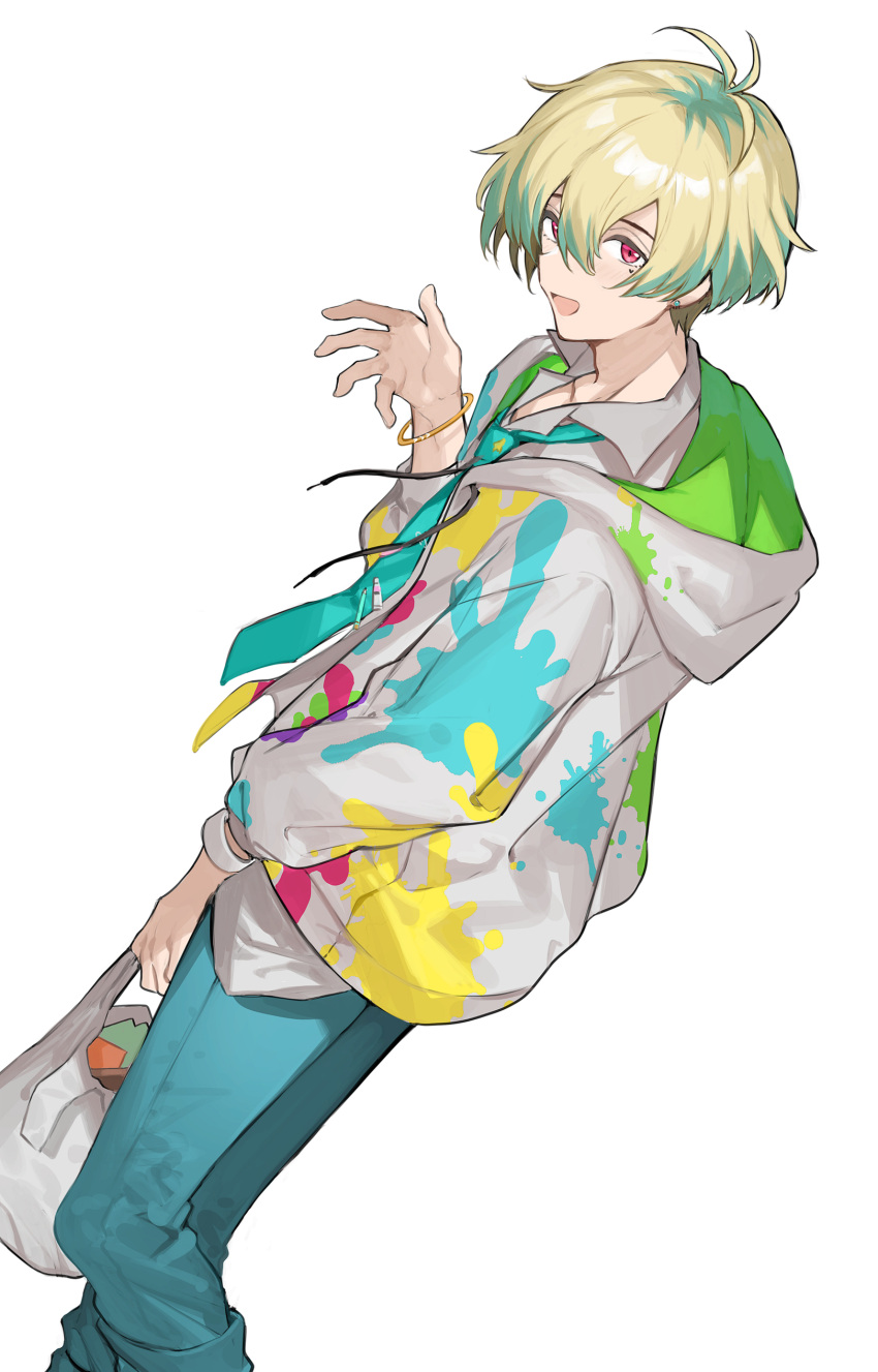 1boy absurdres blonde_hair bracelet hair_between_eyes hanazono_momohito hayama_eishi highres hood hoodie idolmaster idolmaster_side-m idolmaster_side-m_growing_stars jewelry light_green_hair looking_at_viewer male_focus mole mole_under_eye necktie open_mouth pants pink_eyes solo white_background