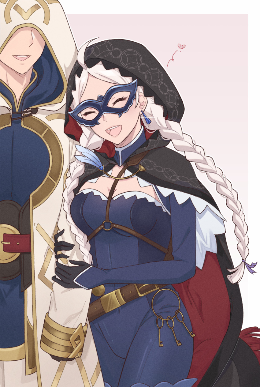 1boy 1girl ahoge arm_hug black_gloves black_hood blue_bodysuit bodysuit braid breasts chain chest_harness closed_eyes commission commissioner_upload couple crystal_earrings earrings eye_mask faceless faceless_male feathers fire_emblem fire_emblem_fates fire_emblem_heroes gloves gold_chain hair_ribbon harness heart hetero highres jewelry key keyring kiran_(fire_emblem) kiran_(male)_(fire_emblem) leather_belt long_hair low_twin_braids medium_breasts nina_(fire_emblem) nina_(thief)_(fire_emblem) non-web_source o-ring official_alternate_costume open_mouth parted_bangs ribbon teeth turtleneck twin_braids two-sided_fabric upper_teeth_only witchi