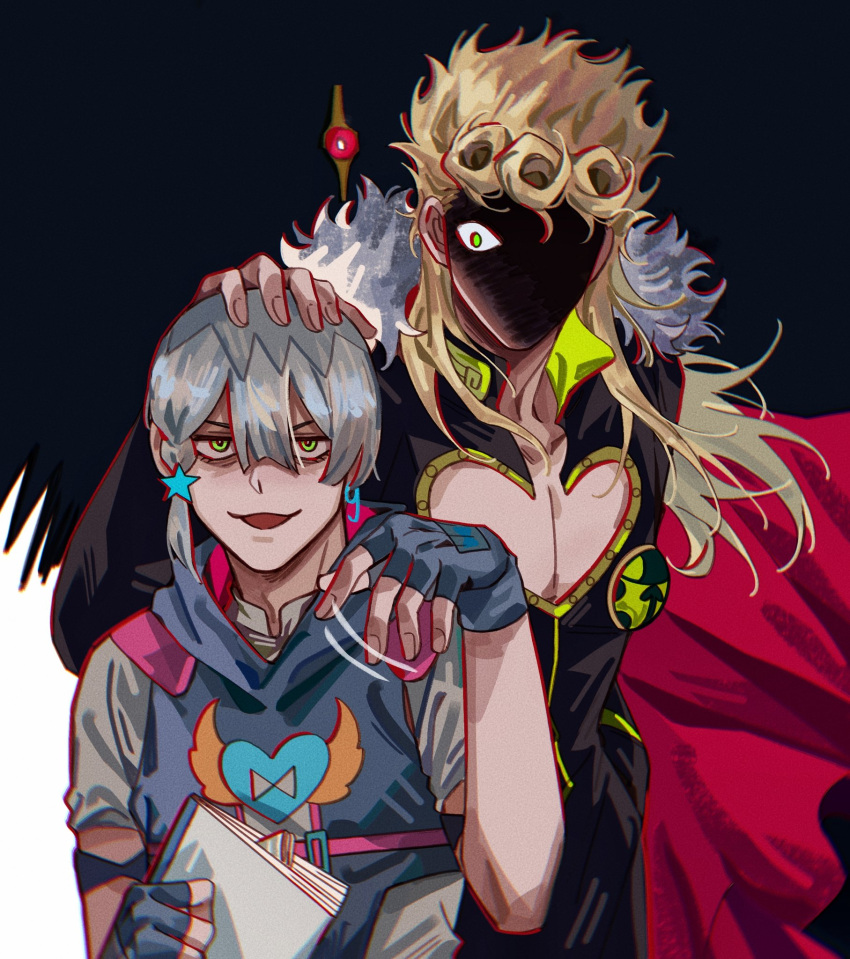 2boys blonde_hair cape collar collarbone fingerless_gloves fur-trimmed_cape fur_trim giorno_giovanna gloves green_eyes hand_on_another's_head highres hood hood_down jodio_joestar jojo_no_kimyou_na_bouken long_hair looking_at_another male_focus multiple_boys pectorals shaded_face the_jojolands vento_aureo zhoujo51